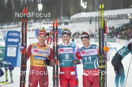 16.02.2020, Oestersund, Sweden (SWE): Alexander Bolshunov (RUS), Paal Golberg (NOR), Martin Loewstroem Nyenget (NOR), (l-r)  - FIS world cup cross-country, pursuit men, Oestersund (SWE). www.nordicfocus.com. © THIBAUT/NordicFocus. Every downloaded picture is fee-liable.