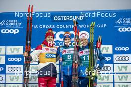16.02.2020, Oestersund, Sweden (SWE): Alexander Bolshunov (RUS), Paal Golberg (NOR), Martin Loewstroem Nyenget (NOR), (l-r) - FIS world cup cross-country, pursuit men, Oestersund (SWE). www.nordicfocus.com. © THIBAUT/NordicFocus. Every downloaded picture is fee-liable.