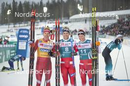 16.02.2020, Oestersund, Sweden (SWE): Alexander Bolshunov (RUS), Paal Golberg (NOR), Martin Loewstroem Nyenget (NOR), (l-r)  - FIS world cup cross-country, pursuit men, Oestersund (SWE). www.nordicfocus.com. © THIBAUT/NordicFocus. Every downloaded picture is fee-liable.