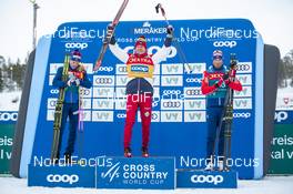 20.02.2020, Storlien-Meraker, Norway (NOR): Johannes Hoesflot Klaebo (NOR), Alexander Bolshunov (RUS), Emil Iversen (NOR), (l-r) - FIS world cup cross-country, mass men, Storlien-Meraker (NOR). www.nordicfocus.com. © Thibaut/NordicFocus. Every downloaded picture is fee-liable.