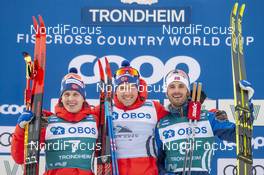 23.02.2020, Trondheim, Norway (NOR): Simen Hegstad Krueger (NOR), Alexander Bolshunov (RUS), Hans Christer Holund (NOR), (l-r) - FIS world cup cross-country, pursuit men, Trondheim (NOR). www.nordicfocus.com. © Thibaut/NordicFocus. Every downloaded picture is fee-liable.