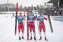 23.02.2020, Trondheim, Norway (NOR): Simen Hegstad Krueger (NOR), Paal Golberg (NOR), Hans Christer Holund (NOR), (l-r)  - FIS world cup cross-country, pursuit men, Trondheim (NOR). www.nordicfocus.com. © Thibaut/NordicFocus. Every downloaded picture is fee-liable.
