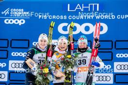 29.02.2020, Lahti Finland (FIN): Ebba Andersson (SWE), Therese Johaug (NOR), Krista Parmakoski (FIN), (l-r)  - FIS world cup cross-country, 10km women, Lahti (FIN). www.nordicfocus.com. © Modica/NordicFocus. Every downloaded picture is fee-liable.