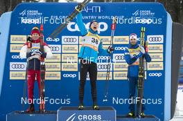 29.02.2020, Lahti Finland (FIN): Alexander Bolshunov (RUS), Iivo Niskanen (FIN), Hans Christer Holund (NOR), (l-r) - FIS world cup cross-country, 15km men, Lahti (FIN). www.nordicfocus.com. © THIBAUT/NordicFocus. Every downloaded picture is fee-liable.