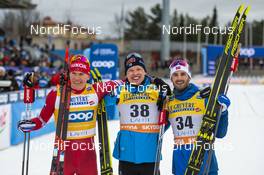 29.02.2020, Lahti Finland (FIN): Alexander Bolshunov (RUS), Iivo Niskanen (FIN), Hans Christer Holund (NOR), (l-r)  - FIS world cup cross-country, 15km men, Lahti (FIN). www.nordicfocus.com. © THIBAUT/NordicFocus. Every downloaded picture is fee-liable.