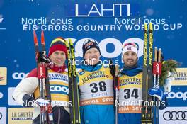 29.02.2020, Lahti Finland (FIN): Alexander Bolshunov (RUS), Iivo Niskanen (FIN), Hans Christer Holund (NOR), (l-r) - FIS world cup cross-country, 15km men, Lahti (FIN). www.nordicfocus.com. © THIBAUT/NordicFocus. Every downloaded picture is fee-liable.