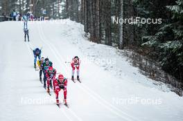 01.03.2020, Lahti Finland (FIN): Paal Golberg (NOR), Ilia Semikov (RUS), Lauri Vuorinen (FIN), Bjoern Sandstroem (SWE), Beda Klee (SUI), Giandomenico Salvadori (ITA), (l-r)  - FIS world cup cross-country, 4x10km men, Lahti (FIN). www.nordicfocus.com. © Modica/NordicFocus. Every downloaded picture is fee-liable.