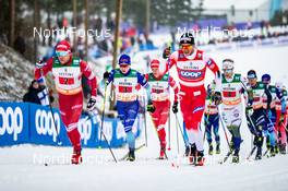 01.03.2020, Lahti Finland (FIN): Paal Golberg (NOR), Ilia Semikov (RUS), Lauri Vuorinen (FIN), Bjoern Sandstroem (SWE), Beda Klee (SUI), Giandomenico Salvadori (ITA), Thomas Bing (GER), Yevgeniy Velichko (KAZ), Jincai Shang (CHN), Andrey Sobakarev (RUS), (l-r)  - FIS world cup cross-country, 4x10km men, Lahti (FIN). www.nordicfocus.com. © Modica/NordicFocus. Every downloaded picture is fee-liable.