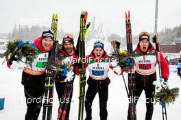 01.03.2020, Lahti Finland (FIN): Beda Klee (SUI), Dario Cologna (SUI), Jason Rueesch (SUI), Roman Furger (SUI), (l-r)  - FIS world cup cross-country, 4x10km men, Lahti (FIN). www.nordicfocus.com. © Modica/NordicFocus. Every downloaded picture is fee-liable.