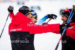 01.03.2020, Lahti Finland (FIN): Dario Cologna (SUI), Jason Rueesch (SUI), Roman Furger (SUI), (l-r)  - FIS world cup cross-country, 4x10km men, Lahti (FIN). www.nordicfocus.com. © Modica/NordicFocus. Every downloaded picture is fee-liable.