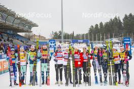 01.03.2020, Lahti Finland (FIN): Johanna Matintalo (FIN), Kerttu Niskanen (FIN), Laura Mononen (FIN), Krista Parmakoski (FIN), Tiril Udnes Weng (NOR), Ingvild Flugstad Oestberg (NOR), Therese Johaug (NOR), Heidi Weng (NOR), Charlotte Kalla (SWE), Frida Karlsson (SWE), Rebecca Oehrn (SWE), Maja Dahlqvist (SWE), (l-r)  - FIS world cup cross-country, 4x5km women, Lahti (FIN). www.nordicfocus.com. © THIBAUT/NordicFocus. Every downloaded picture is fee-liable.