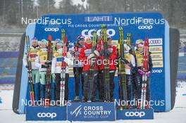 01.03.2020, Lahti Finland (FIN): Johanna Matintalo (FIN), Kerttu Niskanen (FIN), Laura Mononen (FIN), Krista Parmakoski (FIN), Tiril Udnes Weng (NOR), Ingvild Flugstad Oestberg (NOR), Therese Johaug (NOR), Heidi Weng (NOR), Charlotte Kalla (SWE), Frida Karlsson (SWE), Rebecca Oehrn (SWE), Maja Dahlqvist (SWE), (l-r) - FIS world cup cross-country, 4x5km women, Lahti (FIN). www.nordicfocus.com. © THIBAUT/NordicFocus. Every downloaded picture is fee-liable.