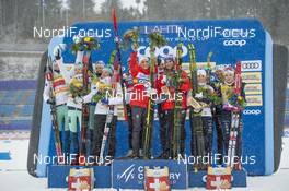 01.03.2020, Lahti Finland (FIN): Johanna Matintalo (FIN), Kerttu Niskanen (FIN), Laura Mononen (FIN), Krista Parmakoski (FIN), Tiril Udnes Weng (NOR), Ingvild Flugstad Oestberg (NOR), Therese Johaug (NOR), Heidi Weng (NOR), Charlotte Kalla (SWE), Frida Karlsson (SWE), Rebecca Oehrn (SWE), Maja Dahlqvist (SWE), (l-r) - FIS world cup cross-country, 4x5km women, Lahti (FIN). www.nordicfocus.com. © THIBAUT/NordicFocus. Every downloaded picture is fee-liable.