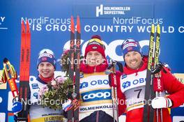 08.03.2020, Oslo, Norway (NOR): Simen Hegstad Krueger (NOR), Alexander Bolshunov (RUS), Emil Iversen (NOR), (l-r) - FIS world cup cross-country, mass men, Oslo (NOR). www.nordicfocus.com. © Modica/NordicFocus. Every downloaded picture is fee-liable.