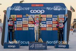 28.11.2020, Ruka, Finland (FIN): Frida Karlsson (SWE), Therese Johaug (NOR), Ebba Andersson (SWE), (l-r) - FIS world cup cross-country, 10km women, Ruka (FIN). www.nordicfocus.com. © Vianney THIBAUT/NordicFocus. Every downloaded picture is fee-liable.