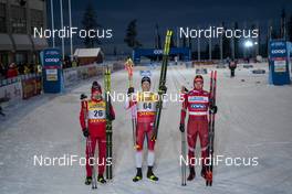 28.11.2020, Ruka, Finland (FIN): Alexey Chervotkin (RUS), Johannes Hoesflot Klaebo (NOR), Alexander Bolshunov (RUS), (l-r)  - FIS world cup cross-country, 15km men, Ruka (FIN). www.nordicfocus.com. © Vianney Thibaut/NordicFocus. Every downloaded picture is fee-liable.