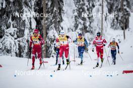 27.11.2020, Ruka, Finland (FIN): Johannes Hoesflot Klaebo (NOR), Erik Valnes (NOR), Evgeniy Belov (RUS), (l-r)  - FIS world cup cross-country, individual sprint, Ruka (FIN). www.nordicfocus.com. © Modica/NordicFocus. Every downloaded picture is fee-liable.