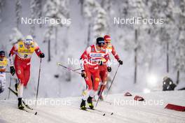 27.11.2020, Ruka, Finland (FIN): Johannes Hoesflot Klaebo (NOR), Erik Valnes (NOR), Alexander Bolshunov (RUS), (l-r)  - FIS world cup cross-country, individual sprint, Ruka (FIN). www.nordicfocus.com. © Modica/NordicFocus. Every downloaded picture is fee-liable.