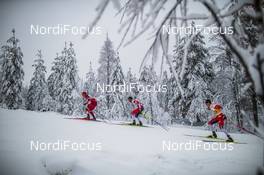 29.11.2020, Ruka, Finland (FIN): Alexander Bolshunov (RUS), Emil Iversen (NOR), Johannes Hoesflot Klaebo (NOR), (l-r)  - FIS world cup cross-country, pursuit men, Ruka (FIN). www.nordicfocus.com. © Modica/NordicFocus. Every downloaded picture is fee-liable.