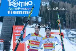 12.01.2020, Val di Fiemme, Italy (ITA): Joergen Graabak (NOR), Jarl Magnus Riiber (NOR) (l-r)  - FIS world cup nordic combined, team sprint HS104/2x7.5km, Val di Fiemme (ITA). www.nordicfocus.com. © Volk/NordicFocus. Every downloaded picture is fee-liable.