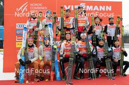 25.01.2020, Oberstdorf, Germany (GER): Fabian Riessle, Johannes Rydzek, Manuel Faisst, Vinzenz Geiger (GER), Espen Bjoernstad, Jarl Riiber, Jens Oftebro, Joergen Graabak (NOR), Akito Watabe, Hideaki Nagai, Ryota Yamamoto, Yoshito Watabe (JPN)(l-r)  - FIS world cup nordic combined, team HS140/4x5km, Oberstdorf (GER). www.nordicfocus.com. © Volk/NordicFocus. Every downloaded picture is fee-liable.