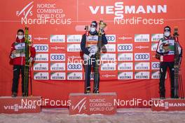 27.11.2020, Ruka, Finland (FIN): Johannes Lamparter (AUT), Jarl Magnus Riiber (NOR), Jens Luraas Oftebro (NOR), (l-r) - FIS world cup nordic combined men, individual gundersen HS142/10km, Ruka (FIN). www.nordicfocus.com. © Vianney THBAUT/NordicFocus. Every downloaded picture is fee-liable.