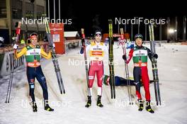 28.11.2020, Ruka, Finland (FIN): Eric Frenzel (GER), Jarl Magnus Riiber (NOR), Akito Watabe (JPN), (l-r)  - FIS world cup nordic combined men, individual gundersen HS142/10km, Ruka (FIN). www.nordicfocus.com. © Modica/NordicFocus. Every downloaded picture is fee-liable.