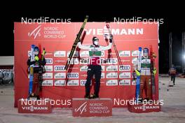 29.11.2020, Ruka, Finland (FIN): Fabian Riessle (GER), Jens Luraas Oftebro (NOR), Manuel Faisst (GER), (l-r) - FIS world cup nordic combined men, individual gundersen HS142/10km, Ruka (FIN). www.nordicfocus.com. © Modica/NordicFocus. Every downloaded picture is fee-liable.