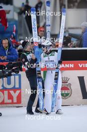 01.01.2020, Garmisch, Germany (GER): Marius Lindvik (NOR), Johann Andre Forfang (NOR) - FIS world cup ski jumping, four hills tournament, individual HS142, Garmisch (GER). www.nordicfocus.com. © Tumashov/NordicFocus. Every downloaded picture is fee-liable.