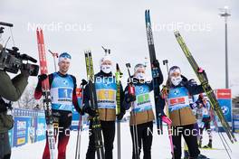 10.01.2021, Oberhof, Germany (GER): Sturla Holm Laegreid (NOR), Johannes Dale (NOR), Marte Olsbu Roeiseland (NOR), Ingrid Landmark Tandrevold (NOR), (l-r) -  IBU World Cup Biathlon, mixed relay, Oberhof (GER). www.nordicfocus.com. © Manzoni/NordicFocus. Every downloaded picture is fee-liable.