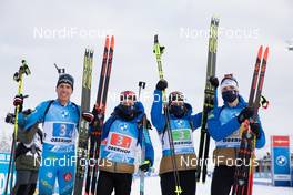 10.01.2021, Oberhof, Germany (GER): Quentin Fillon Maillet (FRA), Anais Chevalier-Bouchet (FRA), Justine Braisaz-Bouchet (FRA), Fabien Claude (FRA), (l-r) -  IBU World Cup Biathlon, mixed relay, Oberhof (GER). www.nordicfocus.com. © Manzoni/NordicFocus. Every downloaded picture is fee-liable.