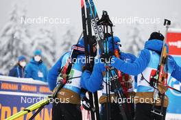 15.01.2021, Oberhof, Germany (GER): Quentin Fillon Maillet (FRA), Fabien Claude (FRA), Simon Desthieux (FRA), (l-r) -  IBU World Cup Biathlon, relay men, Oberhof (GER). www.nordicfocus.com. © Manzoni/NordicFocus. Every downloaded picture is fee-liable.