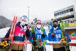22.01.2021, Antholz, Italy (ITA): Sturla Holm Laegreid (NOR), Alexander Loginov (RUS), Quentin Fillon Maillet (FRA), (l-r) -  IBU World Cup Biathlon, individual men, Antholz (ITA). www.nordicfocus.com. © Manzoni/NordicFocus. Every downloaded picture is fee-liable.