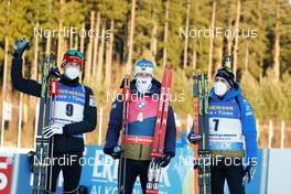 07.03.2021, Nove Mesto, Czech Republic (CZE): Jakov Fak (SLO), Sturla Holm Laegreid (NOR), Quentin Fillon Maillet (FRA), (l-r) - IBU World Cup Biathlon, pursuit men, Nove Mesto (CZE). www.nordicfocus.com. © Manzoni/NordicFocus. Every downloaded picture is fee-liable.