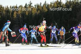 07.03.2021, Nove Mesto, Czech Republic (CZE): Said Karimulla Khalili (RUS), Antonin Guigonnat (FRA), Johannes Thingnes Boe (NOR), Lukas Hofer (ITA), Dmytro Pidruchnyi (UKR), (l-r) - IBU World Cup Biathlon, pursuit men, Nove Mesto (CZE). www.nordicfocus.com. © Manzoni/NordicFocus. Every downloaded picture is fee-liable.