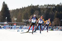 07.03.2021, Nove Mesto, Czech Republic (CZE): Tarjei Boe (NOR), Arnd Peiffer (GER), Benedikt Doll (GER), (l-r) - IBU World Cup Biathlon, pursuit men, Nove Mesto (CZE). www.nordicfocus.com. © Manzoni/NordicFocus. Every downloaded picture is fee-liable.