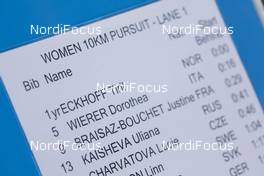 07.03.2021, Nove Mesto, Czech Republic (CZE): Event Feature: start line list- IBU World Cup Biathlon, pursuit women, Nove Mesto (CZE). www.nordicfocus.com. © Manzoni/NordicFocus. Every downloaded picture is fee-liable.