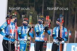 04.03.2021, Nove Mesto, Czech Republic (CZE): Anais Bescond (FRA), Justine Braisaz-Bouchet (FRA), Chloe Chevalier (FRA), Julia Simon (FRA), (l-r) - IBU World Cup Biathlon, relay women, Nove Mesto (CZE). www.nordicfocus.com. © Manzoni/NordicFocus. Every downloaded picture is fee-liable.