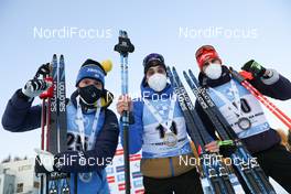 06.03.2021, Nove Mesto, Czech Republic (CZE): Sebastian Samuelsson (SWE), Simon Desthieux (FRA), Arnd Peiffer (GER), (l-r) - IBU World Cup Biathlon, sprint men, Nove Mesto (CZE). www.nordicfocus.com. © Manzoni/NordicFocus. Every downloaded picture is fee-liable.