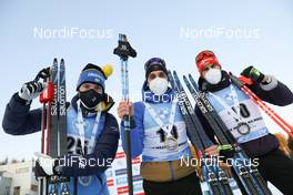 06.03.2021, Nove Mesto, Czech Republic (CZE): Sebastian Samuelsson (SWE), Simon Desthieux (FRA), Arnd Peiffer (GER), (l-r) - IBU World Cup Biathlon, sprint men, Nove Mesto (CZE). www.nordicfocus.com. © Manzoni/NordicFocus. Every downloaded picture is fee-liable.