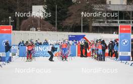 14.03.2021, Nove Mesto, Czech Republic (CZE): Tiril Eckhoff (NOR), Uliana Kaisheva (RUS), Anais Chevalier-Bouchet (FRA), (l-r) - IBU World Cup Biathlon, relay mixed, Nove Mesto (CZE). www.nordicfocus.com. © Manzoni/NordicFocus. Every downloaded picture is fee-liable.