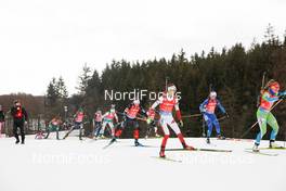 14.03.2021, Nove Mesto, Czech Republic (CZE): Nadia Moser (CAN), Monika Hojnisz-Starega (POL), Alla Ghilenko (MDA), Polona Klemencic (SLO), (l-r) - IBU World Cup Biathlon, relay mixed, Nove Mesto (CZE). www.nordicfocus.com. © Manzoni/NordicFocus. Every downloaded picture is fee-liable.