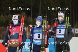 13.03.2021, Nove Mesto, Czech Republic (CZE): Sturla Holm Laegreid (NOR), Lukas Hofer (ITA), Tarjei Boe (NOR), (l-r) - IBU World Cup Biathlon, pursuit men, Nove Mesto (CZE). www.nordicfocus.com. © Manzoni/NordicFocus. Every downloaded picture is fee-liable.