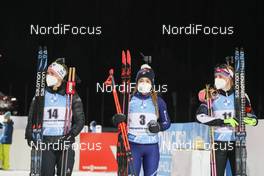 13.03.2021, Nove Mesto, Czech Republic (CZE): Marte Olsbu Roeiseland (NOR), Dorothea Wierer (ITA), Marketa Davidova (CZE), (l-r) - IBU World Cup Biathlon, pursuit women, Nove Mesto (CZE). www.nordicfocus.com. © Manzoni/NordicFocus. Every downloaded picture is fee-liable.