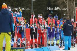 14.03.2021, Nove Mesto, Czech Republic (CZE): Ondrej Moravec (CZE), Christian Gow (CAN), Andrzej Nedza-Kubiniec (POL), Bogdan Tsymbal (UKR), (l-r) - IBU World Cup Biathlon, single mixed relay, Nove Mesto (CZE). www.nordicfocus.com. © Manzoni/NordicFocus. Every downloaded picture is fee-liable.