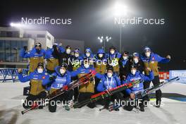 11.03.2021, Nove Mesto, Czech Republic (CZE): Simon Desthieux (FRA), Emilien Jacquelin (FRA), Quentin Fillon Maillet (FRA), Antonin Guigonnat (FRA), (l-r) celebrate with Team France - IBU World Cup Biathlon, sprint men, Nove Mesto (CZE). www.nordicfocus.com. © Manzoni/NordicFocus. Every downloaded picture is fee-liable.