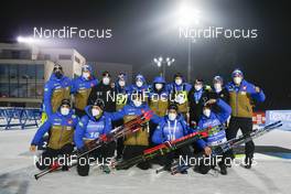 11.03.2021, Nove Mesto, Czech Republic (CZE): Simon Desthieux (FRA), Emilien Jacquelin (FRA), Quentin Fillon Maillet (FRA), Antonin Guigonnat (FRA), (l-r) celebrate with Team France - IBU World Cup Biathlon, sprint men, Nove Mesto (CZE). www.nordicfocus.com. © Manzoni/NordicFocus. Every downloaded picture is fee-liable.