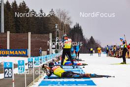 10.03.2021, Nove Mesto, Czech Republic (CZE): Event Feature: overview over the shooting range with a Japanese athlete competing - IBU World Cup Biathlon, training, Nove Mesto (CZE). www.nordicfocus.com. © Manzoni/NordicFocus. Every downloaded picture is fee-liable.