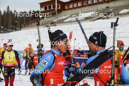 21.03.2021, Oestersund, Sweden, (SWE): Quentin Fillon Maillet (FRA), Simon Desthieux (FRA), (l-r) - IBU World Cup Biathlon, mass men, Oestersund (SWE). www.nordicfocus.com. © Manzoni/NordicFocus. Every downloaded picture is fee-liable.