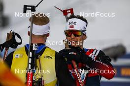 21.03.2021, Oestersund, Sweden, (SWE): Johannes Thingnes Boe (NOR), Sturla Holm Laegreid (NOR), (l-r) - IBU World Cup Biathlon, mass men, Oestersund (SWE). www.nordicfocus.com. © Manzoni/NordicFocus. Every downloaded picture is fee-liable.